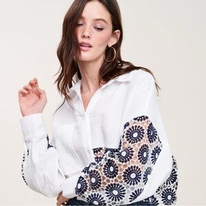 NWT! Stitch & Feather White and Blue Gauze Button Down Crochet Top
